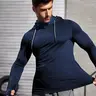 Men's Slim-Fit Hooded Athletic Top with Thumb Holes, Letter Print Long Sleeve Rashguard for Spring & Fall, Drawstring Hoodie for Gym, Workout & Daily Wear, Casual Workout Tops, Athletic Training Tops, Athletic Training Apparel