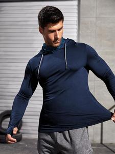 men's slim letter print thumb hole long sleeve sports rashguard, casual drawstring hooded sports top for spring & fall, men's sportswear clothing for daily wear, national day offers, gymclothes, training shirt,  gym clothing