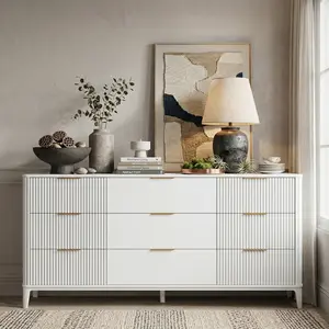 59" White Fluted Sideboard Buffet Cabinet with 2 Doors and 3 Drawers, Large Modern Mid-Century Buffet Table/Coffee Bar/Wine Bar Storage Cabinet with Adjustable Shelves for Dining Room, Living Room