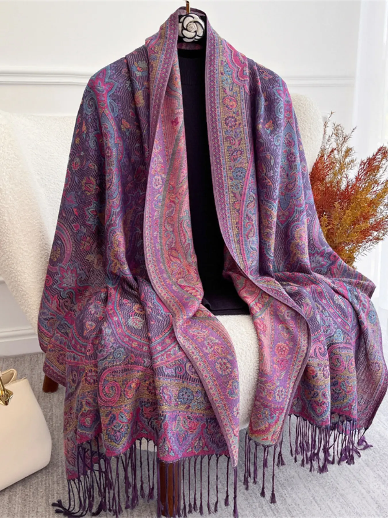 Women's Fashion New Winter Jacquard Scarf, Boho Style Scarf, Thick Warm Headscarf, Windproof Outdoor Scarf, Stylish and Cozy Accessories muslim hijab, Boho Shawl