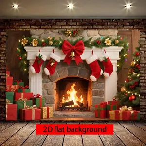 Cozy Christmas Fireplace Backdrop – Glowing Hearth, Red Stockings with Bells, Stacked Gift Boxes and Festive Pine Decor, Perfect for Indoor Holiday Family Decor and Christmas Photography Setups, Brings Warm Festive Vibe, A Heartwarming Christmas Gift new