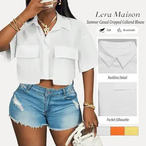 Lera Maison Women's Cropped Collared Chic Blouse Short Sleeve Chest Pockets Textured Loose Fit Summer Casual Top Y2K Style Soft Breathable Womenswear Spring Minimalist Everyday Lightweight rare aesthetic Basic Shirt Piece Jeans cu
