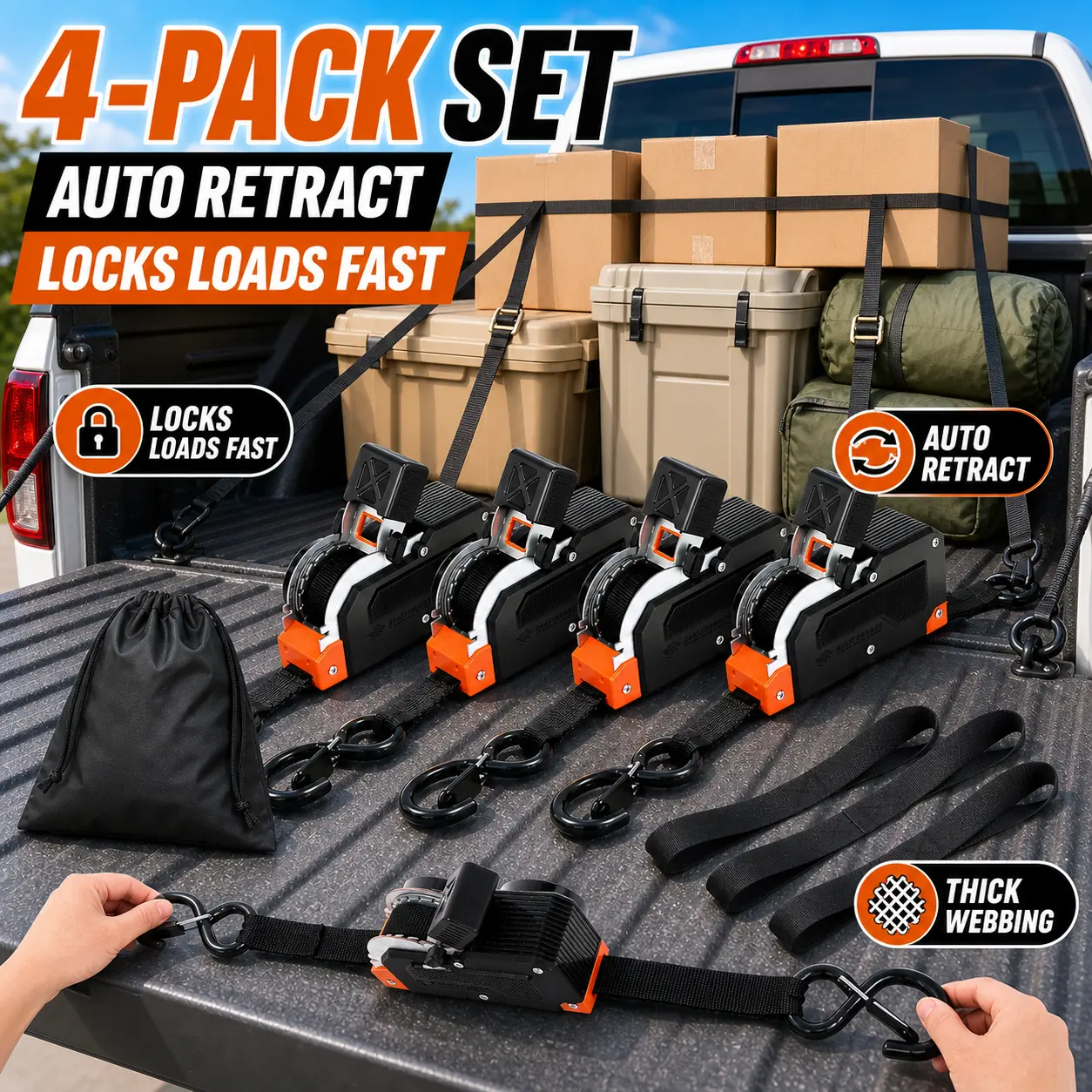 Dual-End Retractable Ratchet Straps, 1 in x 16.4 ft, 1650 lb Break Strength, Adjustable Ratchet Position with Large Locking S Hooks for Motorcycle, ATV, Kayak, Boat, Truck & Trailer