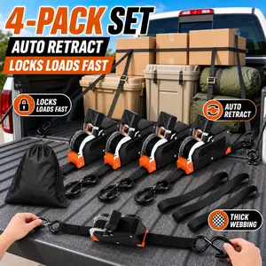 Dual-End Retractable Ratchet Straps 1" x 20in, 1650lb Heavy Duty Tie Down, Freely Adjustable Ratchet Position, S-Hook with Clip for Motorcycles, Kayaks, Boats, ATVs cargo trailer