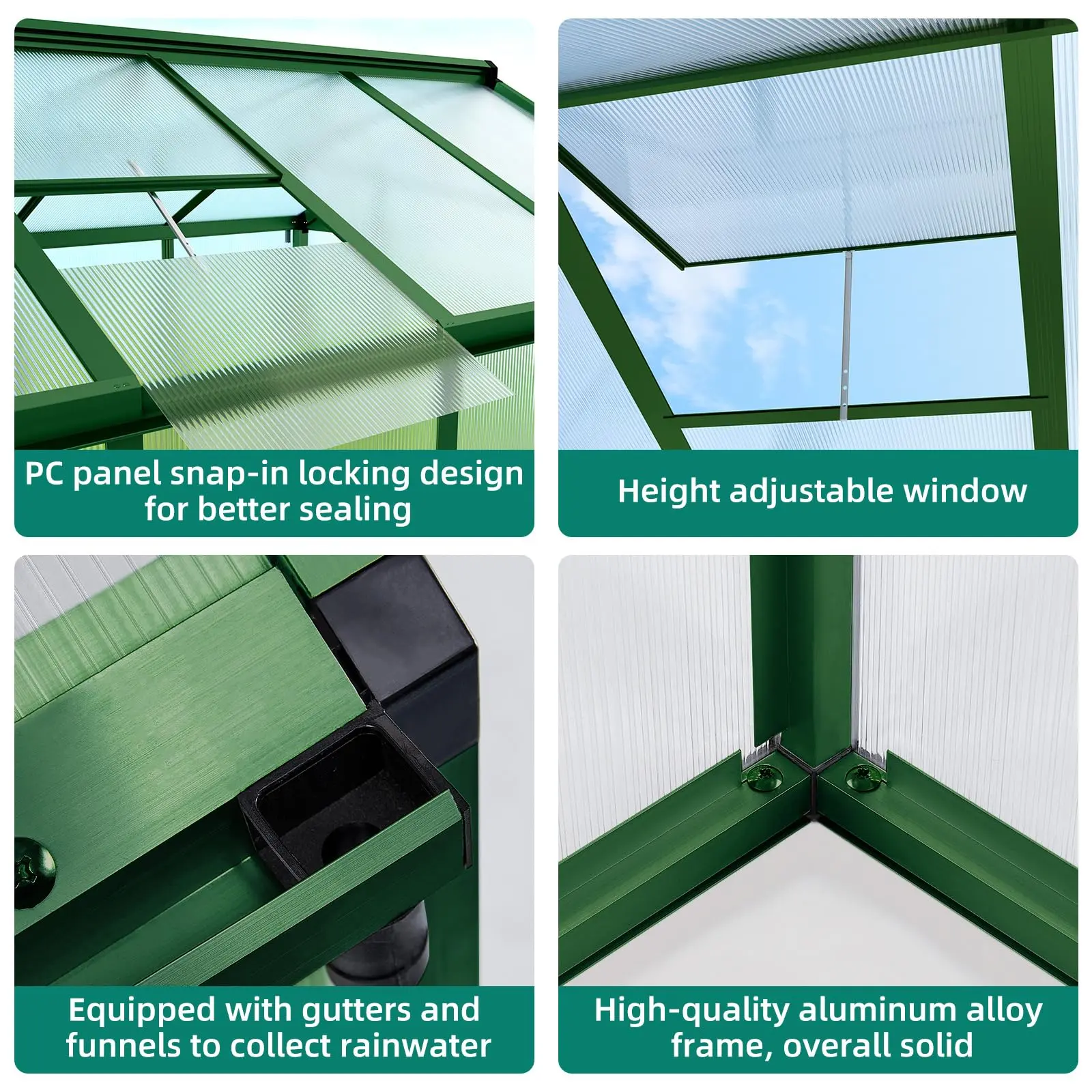 Garvee 6x10FT Weatherproof Heavy Duty Polycarbonate Greenhouse Gazebo with Matte Texture Aluminium Frame, Large Walk-In Design, Commercial Sliding Door, Roof Vent, Fast & Tool-Complimentary Setup, Ideal for Backyard, Patio Gardening, Tool-Free, Secure Acc