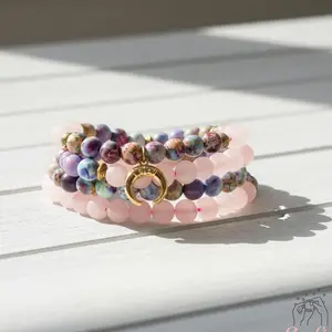 Sofia Natural Sea Sediment Jasper Stone Bracelet - 108 Mala Beads 8mm Rose Quartz Horn Pendant Necklace Mala Prayer Necklace Gift for her