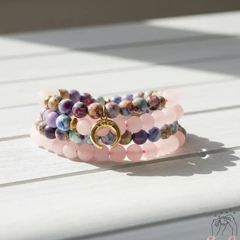 Sofia Natural Sea Sediment Jasper Stone Bracelet - 108 Mala Beads 8mm Rose Quartz Horn Pendant Necklace Mala Prayer Necklace Gift for her