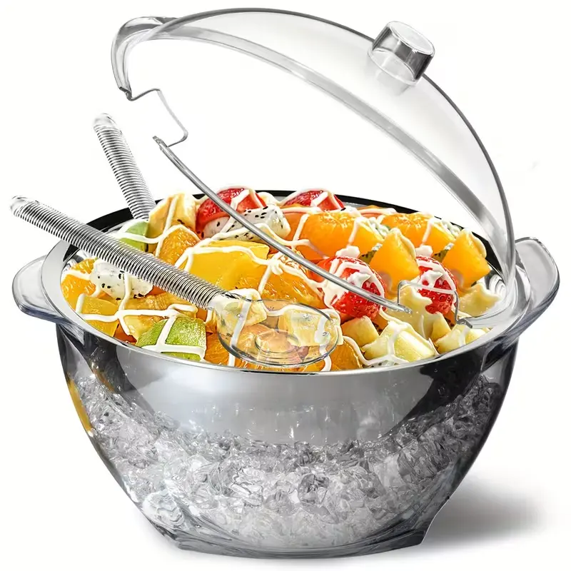 Large ice-chilled salad bowl with lid, iced serving bowl with ice chiller base for parties, keeps food cold at parties, ice-chilled tray, long spoons, extra, clear