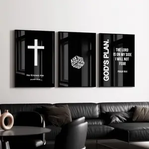 2D flat painting, 3-piece set, wall decoration painting, retro poster, modern Christian art print, blue black and white Christian canvas painting, bedroom decoration, living room aesthetic design, gift for friends, housewarming gift, with frame