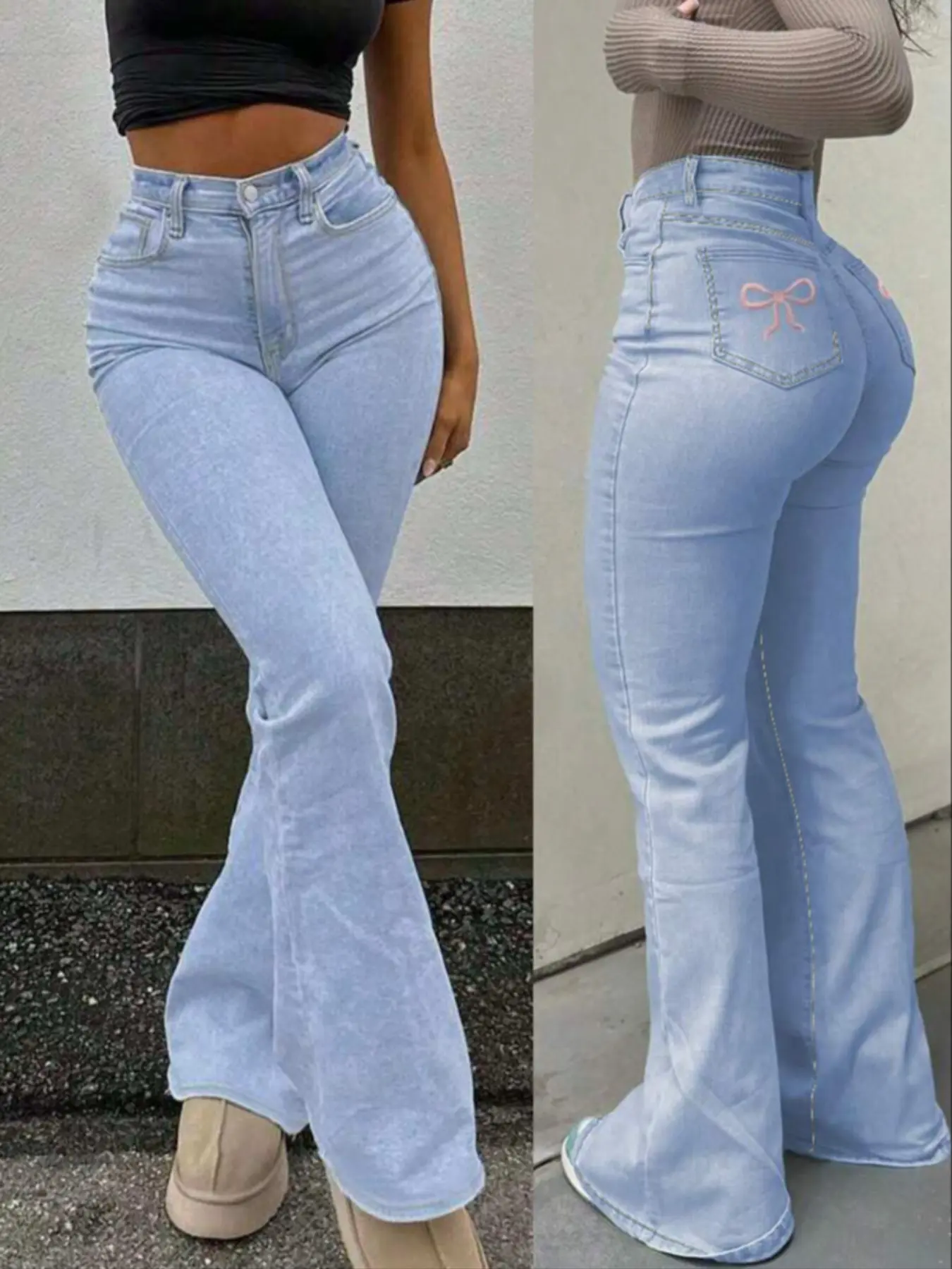 Women's Casual Bow Embroidery Denim Jeans, Elastic Waist Flare Jeans, Comfortable Stretch Denim Long Pants for Daily Wear