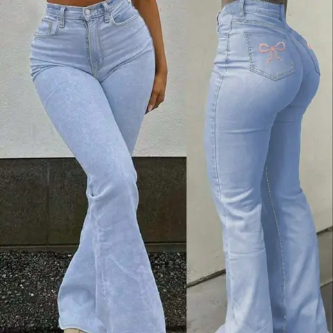 Women's Casual Bow Embroidery Elastic Waist Flare Leg Jeans, Comfortable Stretch Denim Long Pants for Daily Wear