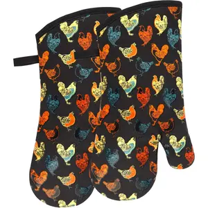 1 Pair Heat Resistant Oven Mitts Gloves - Up to 480 ℉   Non Slip Silicone Rooster Printed, Comfortable Cotton Lining Machine Washable for Kitchen Cooking Barbecue, Black
