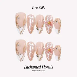 ErsaNails ENCHANTED FLORALS - Medium Almond 10 PCS Handmade Press On Nails | 3D Flowers,  Mermaid & French Tip