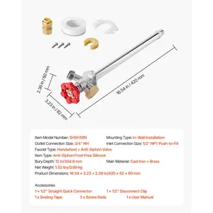 VEVOR Anti-Siphon Frost-Proof Sillcock, 12 Freeze Proof Outdoor Faucet Bib with Backflow Preventer, 1/2 Push-to-Fit Connector X 3/4 Hose Bibb, No Lead Frost-free Spigot for PEX Copper CPVC Pipes