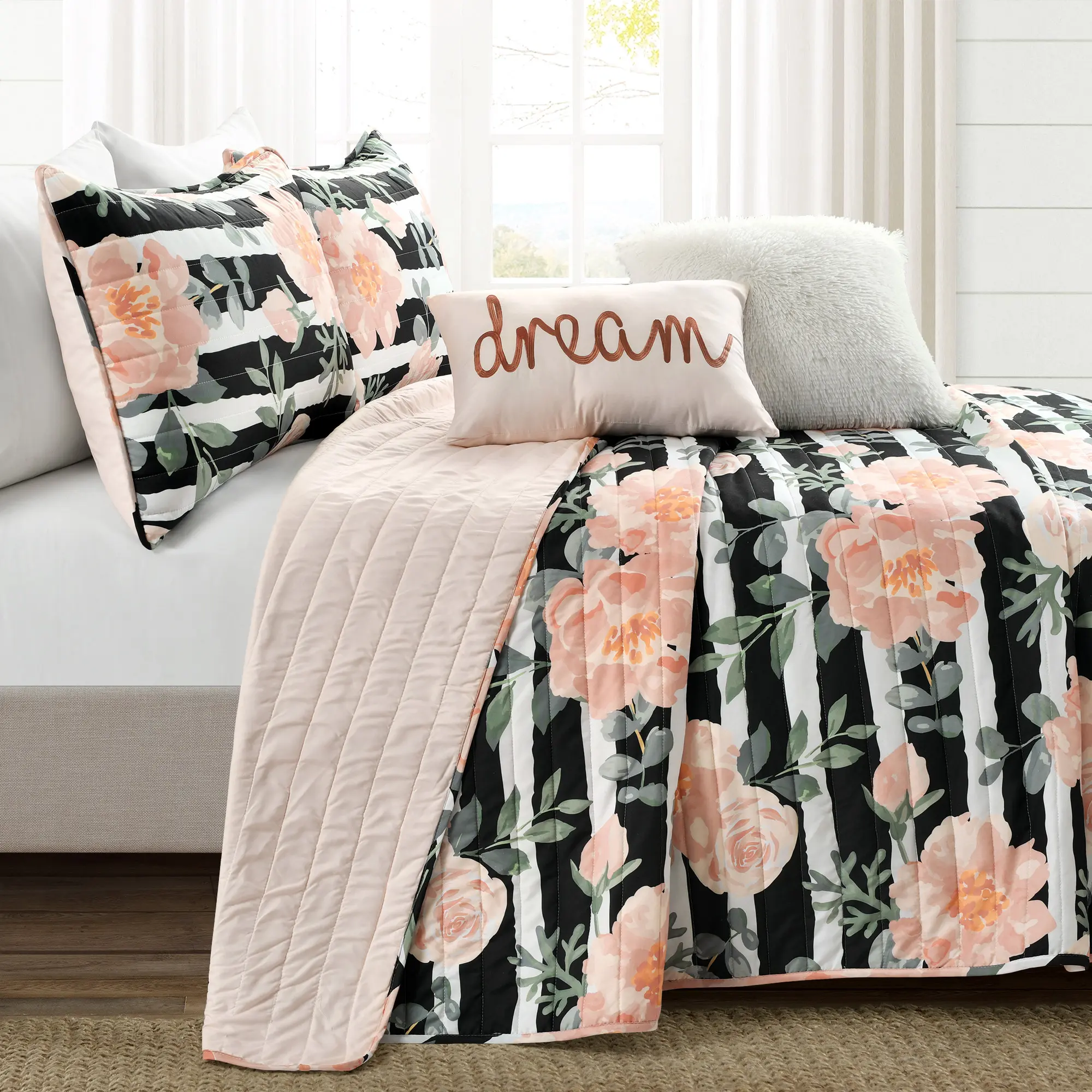 Lush Decor Amara Watercolor Rose Reversible Quilt 5 Piece Set Black & Dusty Rose - Floral Bedding Set - Striped Bedding
