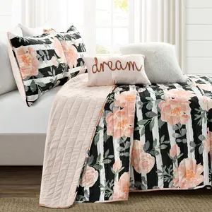 Lush Decor Amara Watercolor Rose Reversible Quilt 5 Piece Set Black & Dusty Rose - Floral Bedding Set - Striped Bedding