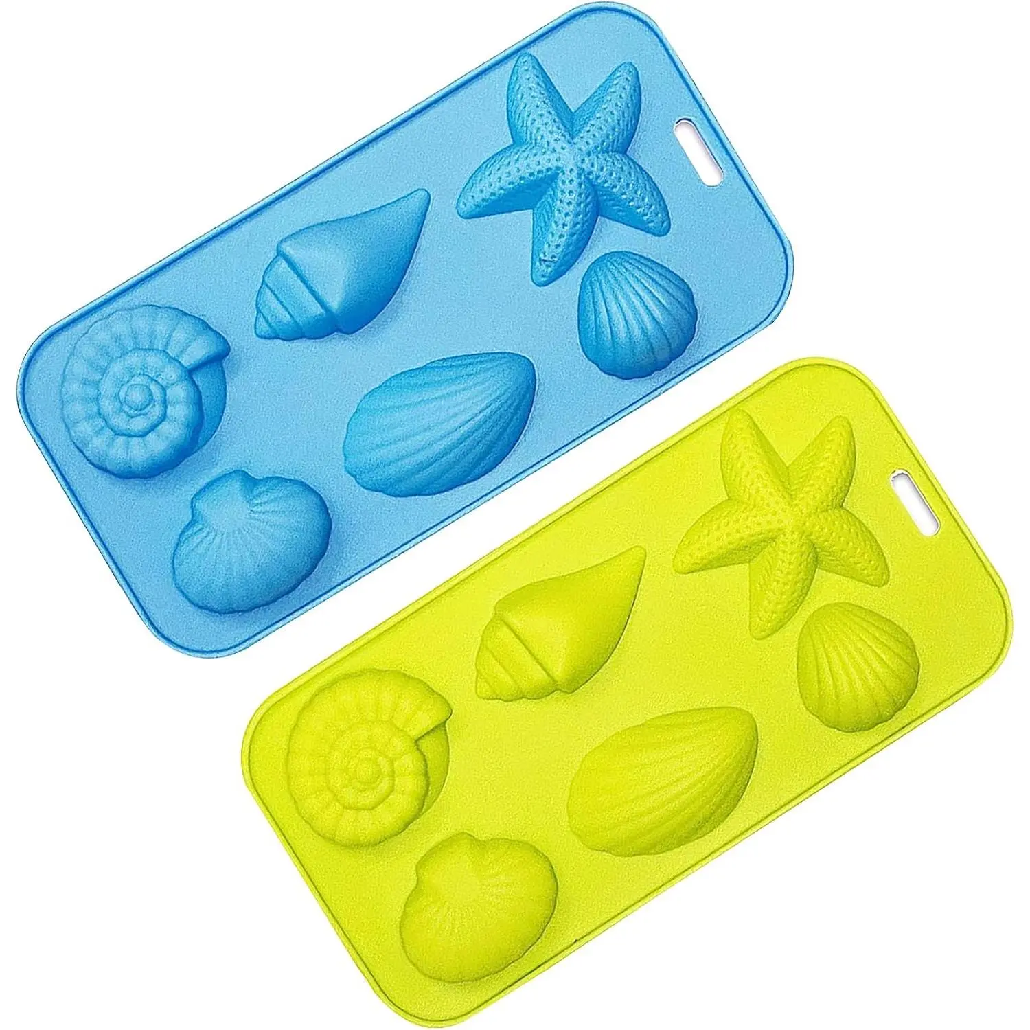 Ice Cube Trays  Mold for Ice, Jelly,  and Soap - 6 Starfish Conch Shell Shape Ice Mold, Set of 2 Blue&Green