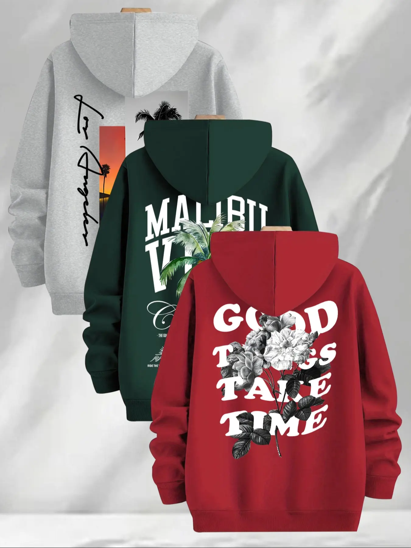 Men's Classic Letter Print Fleece Hoodies Set, Casual Summer Wear, Unisex Design, Moderate Fabric Thickness, Pack of 3, Long Sleeve