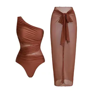 Women’s Ruched One Piece Swimsuit with Mesh Panel & Sarong Skirt – Tummy Control Slimming Bathing Suit for Beach Vacation, Pool Party & Summer Getaway