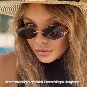 Personalized Diamond Shaped Leopard Fashion Sunglasses Frameless Cut Edge UV400 Small Frame Personalized Fashion Sunglasses 도매 Льготы