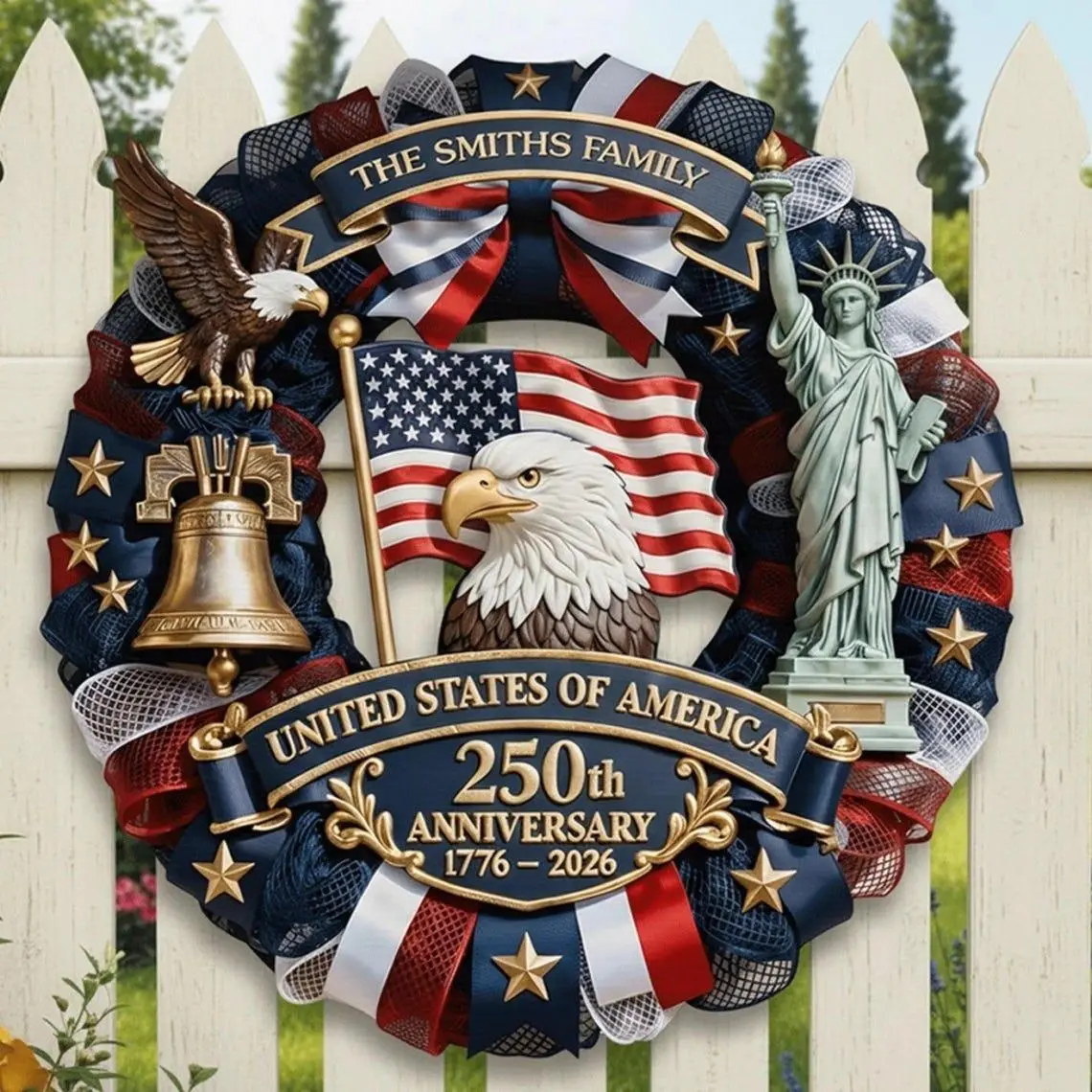 Personalized America 250th Anniversary Wooden Hanging Sign, Wreath 1776-2026 Patriotic Door Sign Semiquincentennial Family Name Decor Wood Home Sign Decoration