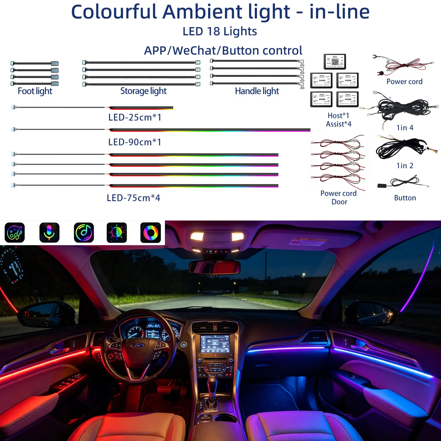 Car Ambient Light Kit RGB Music Sync – App Control, 6 in 1 Interior LED Lights with 18 LEDs (Dash/Door/Handle/Footwell/Storage), Universal Fit for Most Vehicles, 18/10/6 LEDs Options