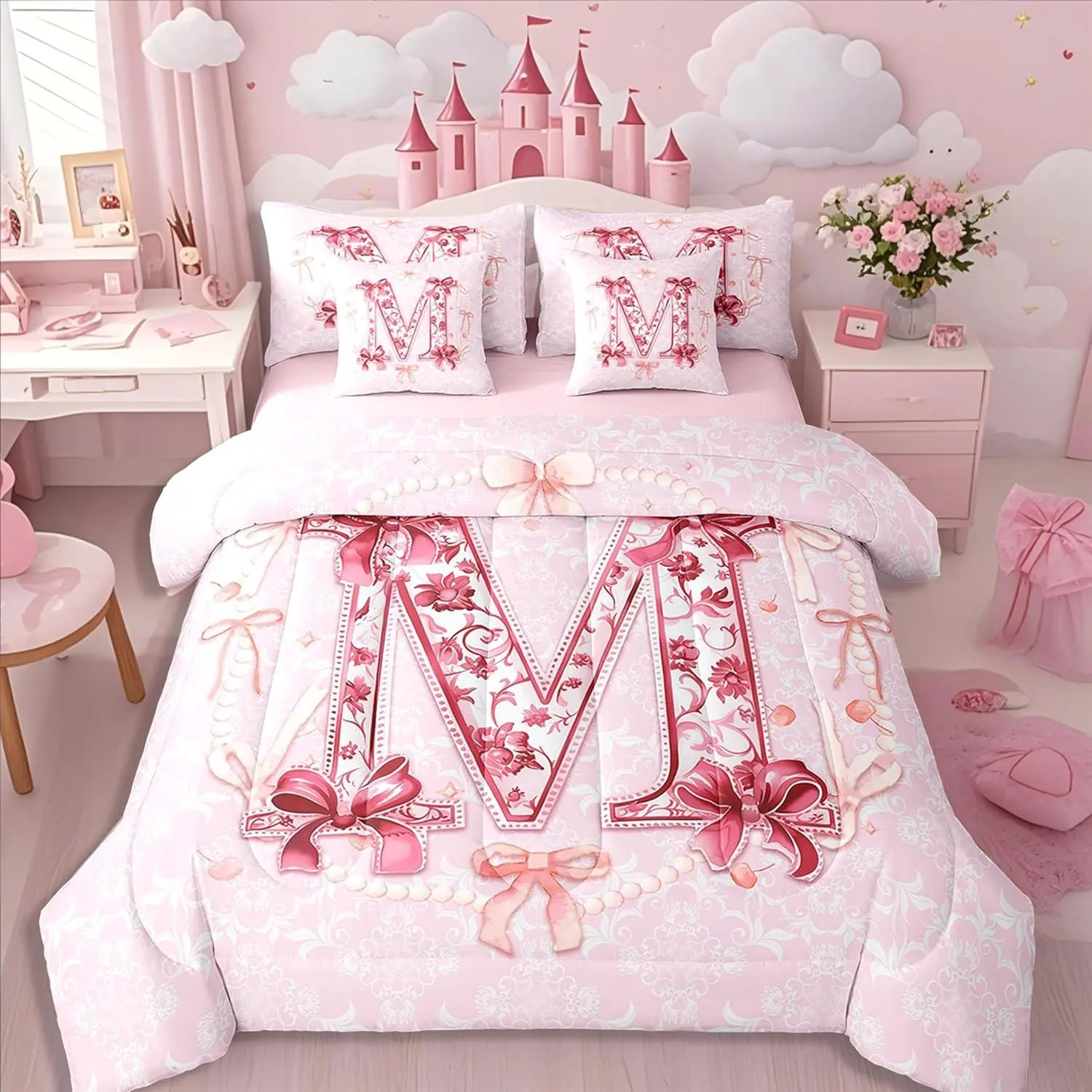 7Pcs Initial M Kids Comforter Set for Girls Coquette Bow Bedding Set,Princess Aesthetic Quilt Dreamy Cartoon Cute Bed in A Bag with Chic Rose Floral Design(M)