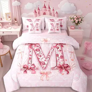 7Pcs Initial M Kids Comforter Set for Girls Coquette Bow Bedding Set,Princess Aesthetic Quilt Dreamy Cartoon Cute Bed in A Bag with Chic Rose Floral Design(M)