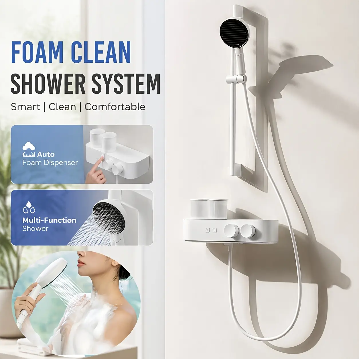 Bathroom High-Pressure Shower Set, With Side Shower Head, Automatic Foaming, Large Shower Panel, Temperature Control, Water Flow Adjustment, 3 Spray Modes, Massage Water Flow, And Easy-To-Install And Clean Bathroom Shower.
