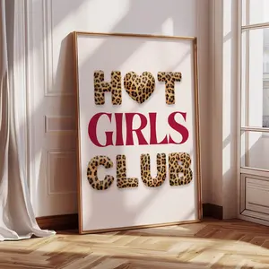 Hot Girls Club Poster Leopard Burgundy Wall Art  Trendy College Dorm Decor Trendy Cheetah Print Preppy Room Decor Bold Typoghraphy Art