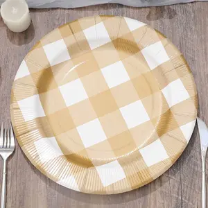 10-Pack Buffalo Plaid Paper Charger Plates – Gold/White 13" Round Disposable Table Chargers, 350 GSM Cardstock