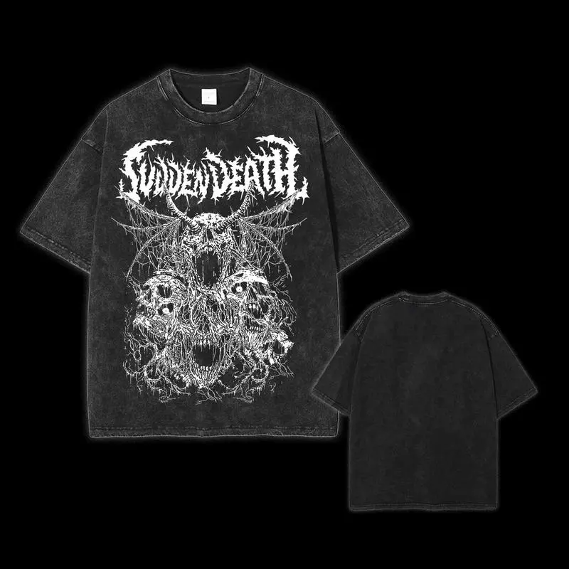 Svdden Death Metal 2-Sided Washed T-shirt Heavyweight Cotton, Unisex Shirt Streetwear graphic tshirt Menswear Top Crewneck Shortsleeve Casual Black