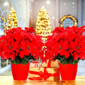 1pc Poinsettias Artificial Poinsettia Flowers, 7 Heads Red Christmas Flowers, Fake Bush Poinsettia Flowers For Home Xmas Tree Table Centerpieces Wedding Decor