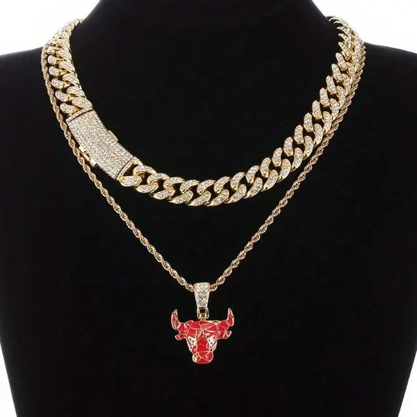 MaxBling81 Unisex Iced Out Cubic Zirconia Hip Hop Jewelry Set - 35mm x 30mm Bull Head Pendant, 24" Rope Chain, 18" Iced Cuban Metal-Coated Chain for Casual Everyday Wear, Male, Daily