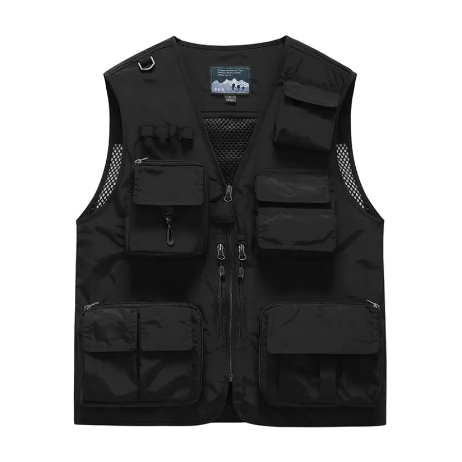 Men’s multifunctional quick-dry work vest for outdoor camping, fishing, photography, and tactical use; mesh breathable, multi-pocket sleeveless jacket