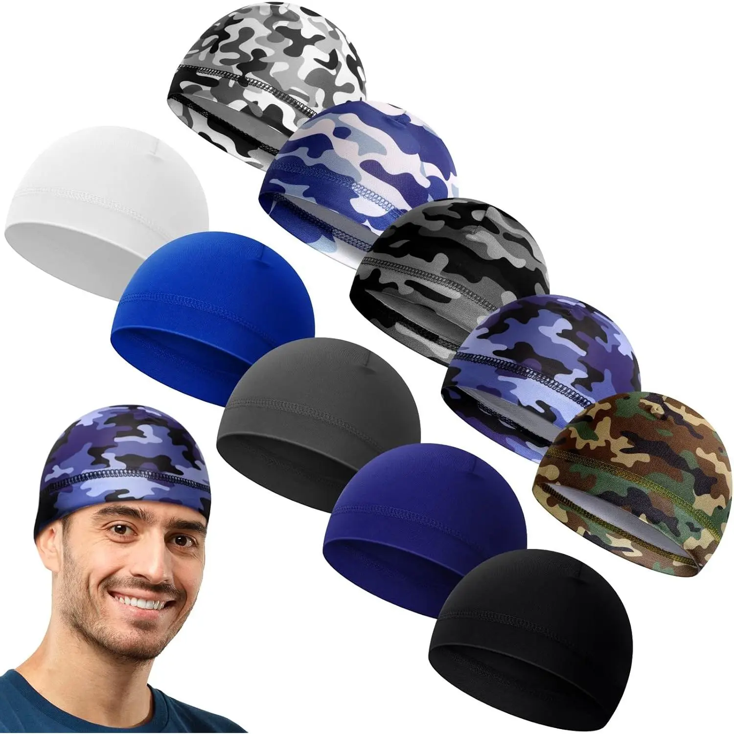 Men's 10-Pack Milk Silk Cooling Skull Caps - Breathable, Elastic, Sweat-Absorbent, 1 Size Fits All - Welding Hard Helmet Liner, Cycling Beanie, Do Rag Head Wrap, One Size Fits All, Absorb Sweat