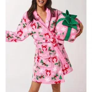 Women's Striped Fleece Robe Fuzzy Y2K Printed Long Sleeve Shawl Collar Bath Robe Cute Plush Warm Kimono with Pocket