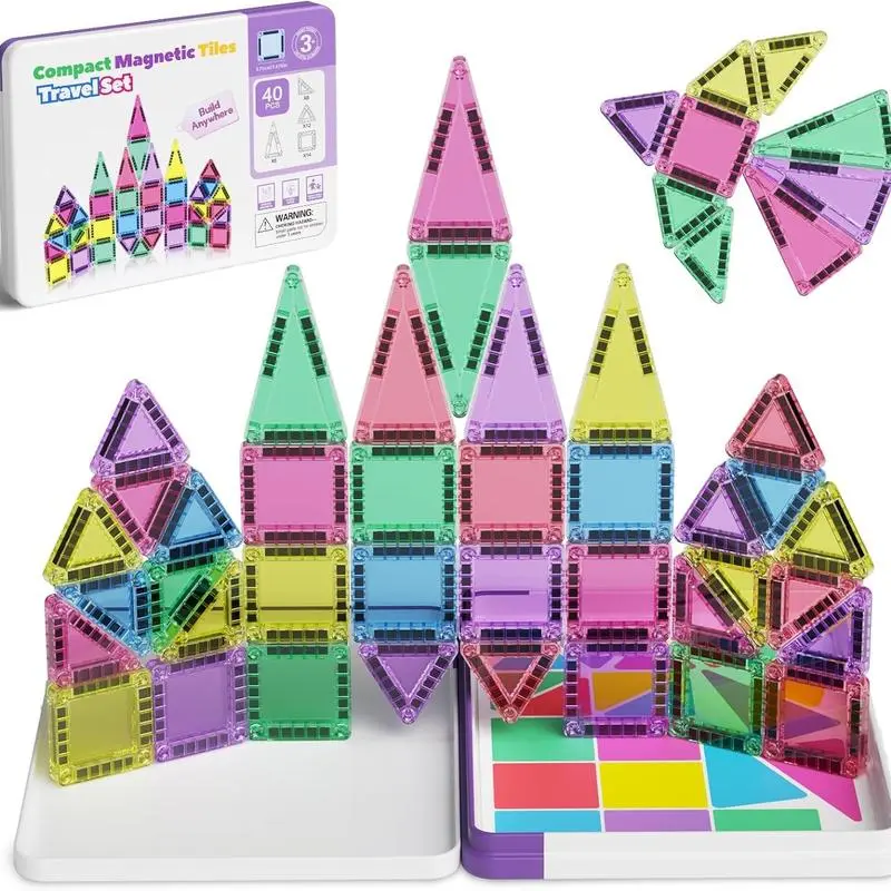 Mini Magnetic Tiles Building Blocks 40PCS – Christmas & Birthday Gift, Montessori Educational Magnet Travel Construction Set with Iron Storage Box, Airplane Activities Toys, STEM for Boys & Girls Ages 3–8