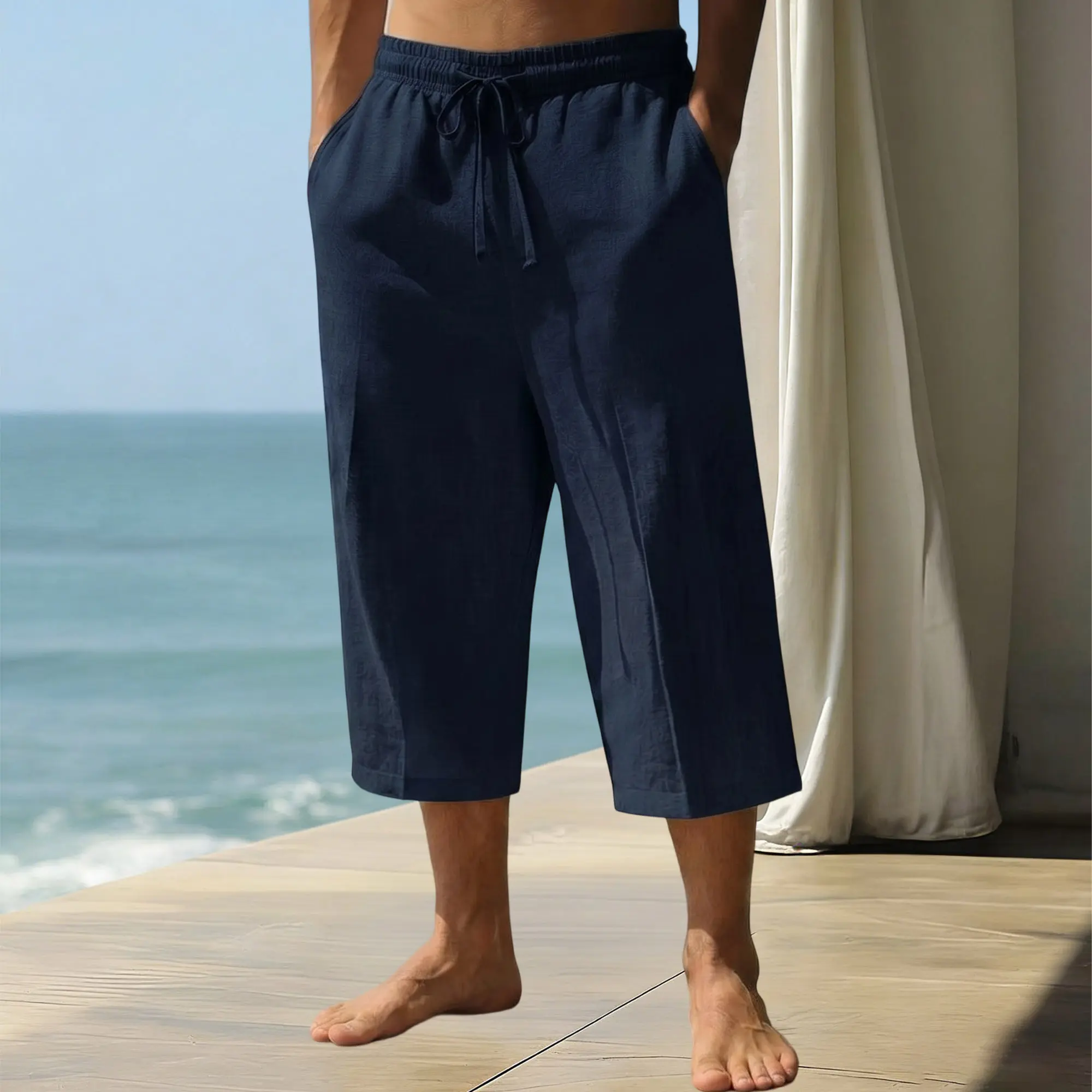 Men's Summer Lyocell Linen Plain Casual 7/8 Pants, Drawstring Straight Leg Menswear Trousers, Unisex Minimalist Versatile Bottoms for Vacations & Everyday Wear