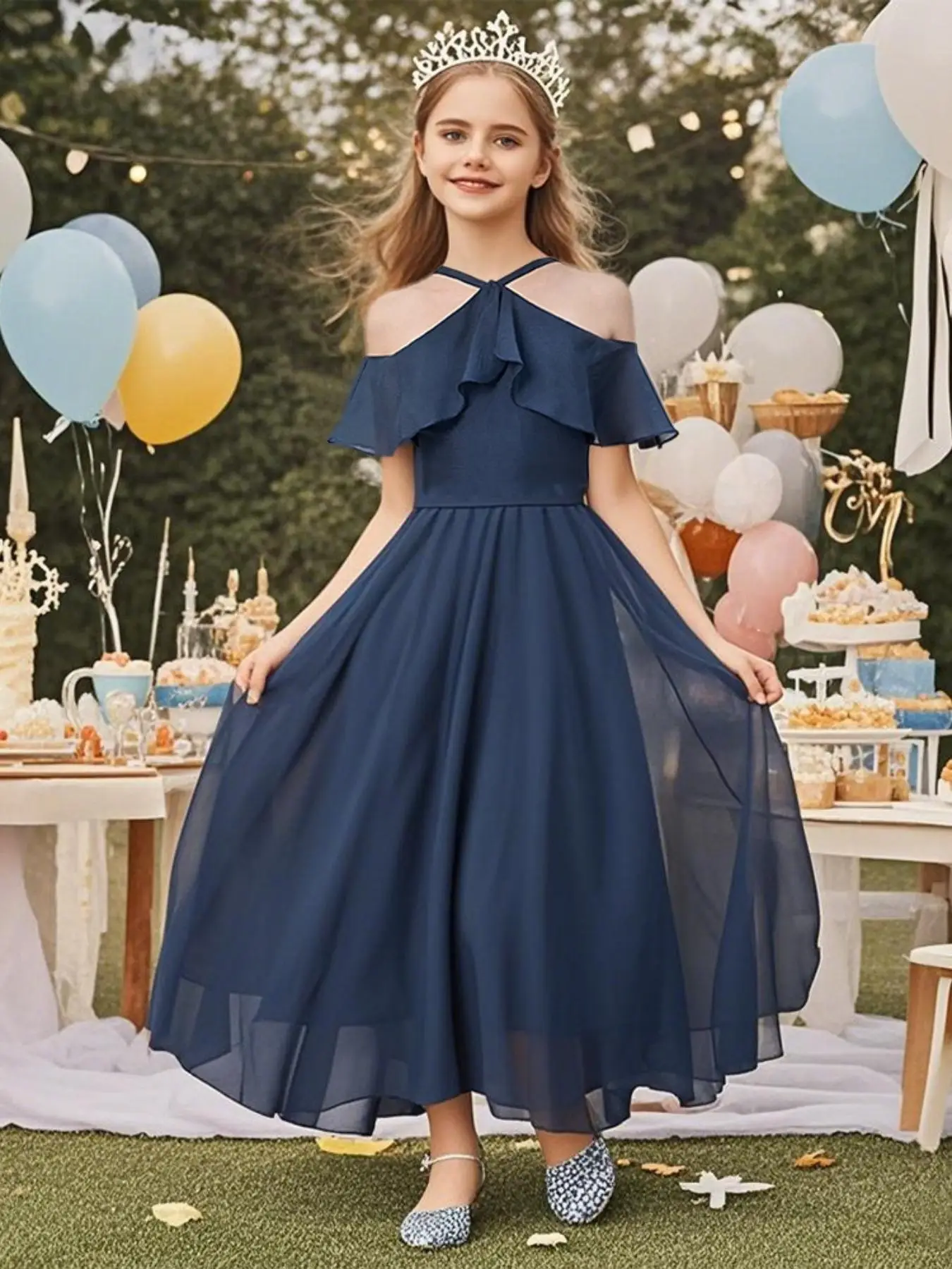 Girl's Floral Print Off Shoulder Tulle Dress, Elegant Romantic A Line Dress for Party Wedding Guest, Kids Summer Clothes
