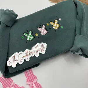 Gingham Bunny Embroidered Sweatshirt | Easter Bunny Pastel Spring Crewneck | Cozy Cottagecore Easter Pullover | Cute Farmhouse Aesthetic Bunny Sweater