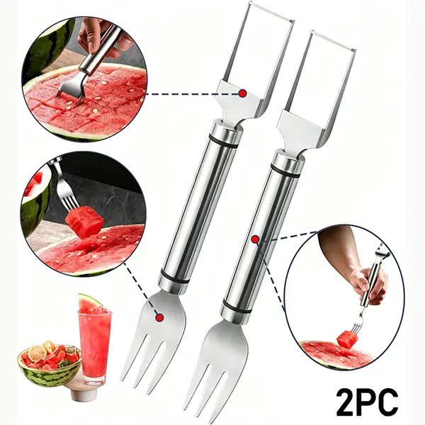 2-in-1 Watermelon Fork Slicer Cutter Stainless Steel Summer Watermelon Cutter for Kitchen Gadget Camping Home Party Perfect Gift  accessory sink protector，Watermelon Fork Slicer Cutter kitchengadgets