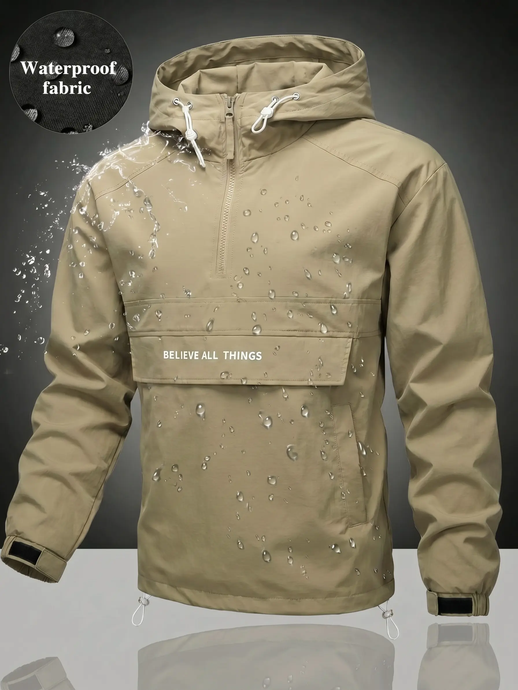 Men’s waterproof, breathable mountaineering jacket; loose pullover design with half zip; functional jacket with side pockets; durable sports-casual menswear suitable for camping, hiking, and cycling.
