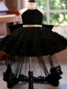 Kids' Contrast Mesh Bow Back High Low Hem Fit and Flare Dress, Elegant Sleeveless Contrast Sequin Tiered Layer Dress for Party Wedding Guest, Kids Clothes for All Seasons, Tulle Overlay Dress