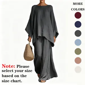 Women's cotton-blend minimalist loose-fit shirt and wide-leg pants set-a relaxed, casual two-piece outfit perfect for summer (for a looser fit, we recommend sizing up) # SummerVibes # Women'sClothing # WideLegPants # Tops Lounge