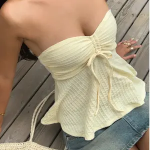 Women’s Yellow Knit Bandeau Top – Strapless Summer Crop Top, Minimalist Casual Outfit