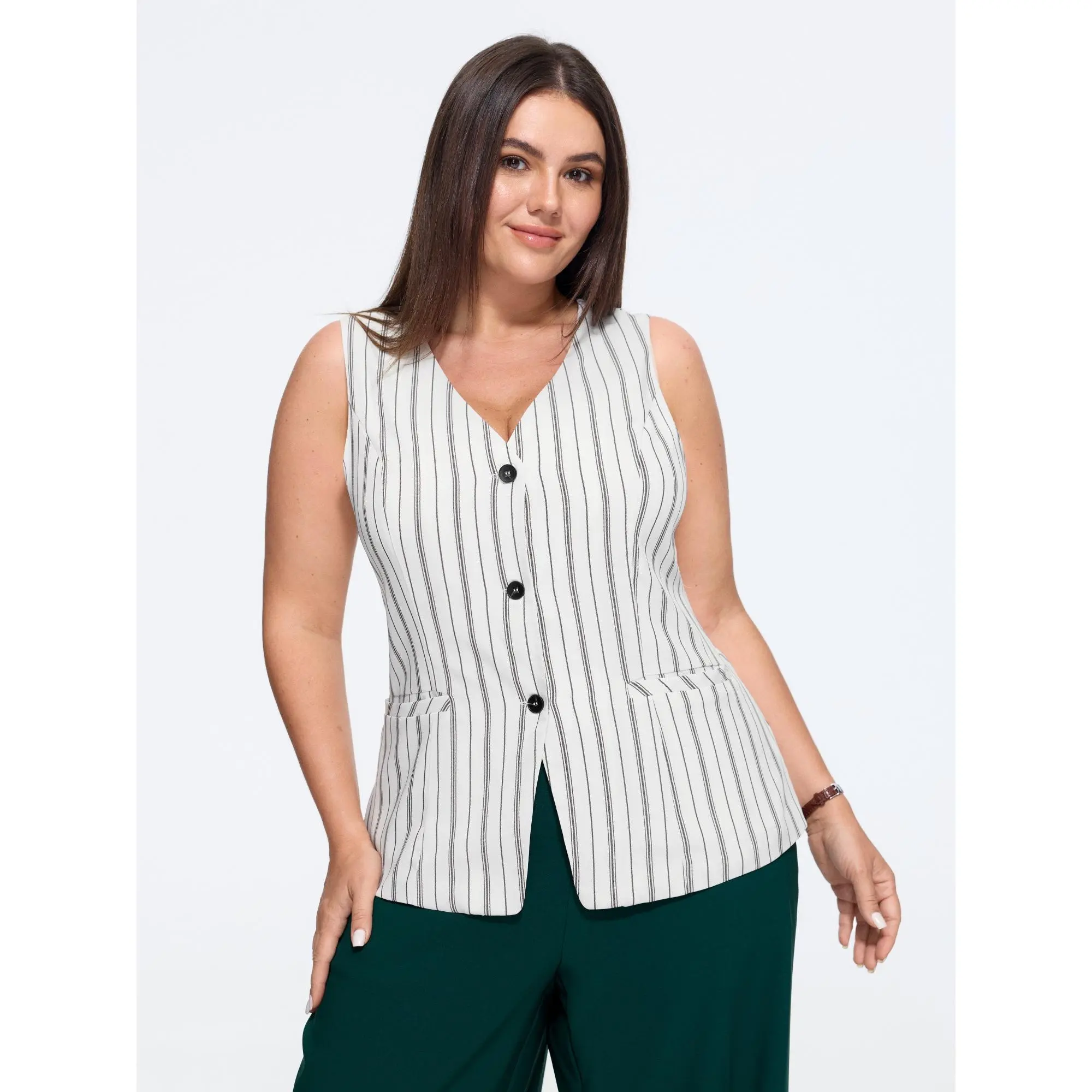 BLOOMCHIC Plus Size Vertical Stripes Print Three Buttons Blazer Vest[M-6X] Summerfinds