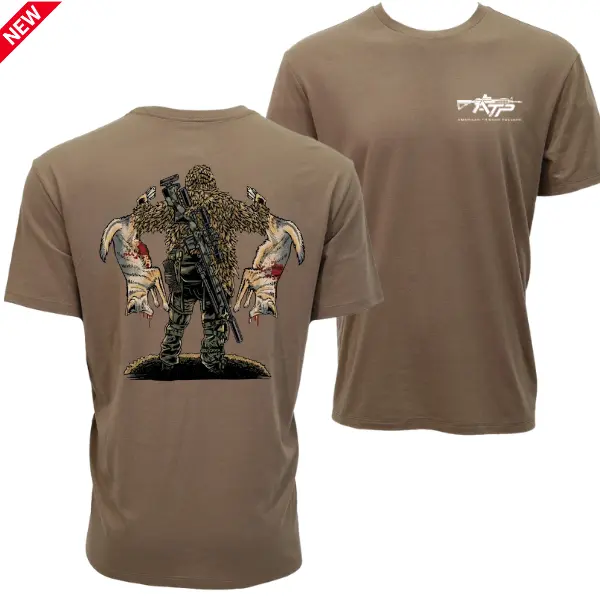 ATP Ghillie Hunter T-Shirt, Camouflaged Sniper Carrying Rifle with Trophy Antlers and Rugged Wilderness Artwork, Tactical Graphic Tee for Men Women