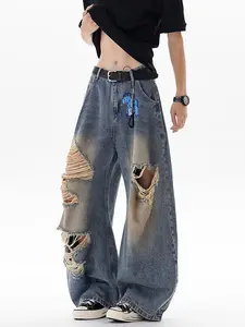 Women's Vintage Faded Multi Rip Distressed Baggy Wide Leg Jeans, Large Raw Frayed Hole Denim Pants, Blue Bear Keychain Pendant Oversized Loose Floor Length Fit Y2K Grunge Skater Streetwear Casual Trendy Bottoms