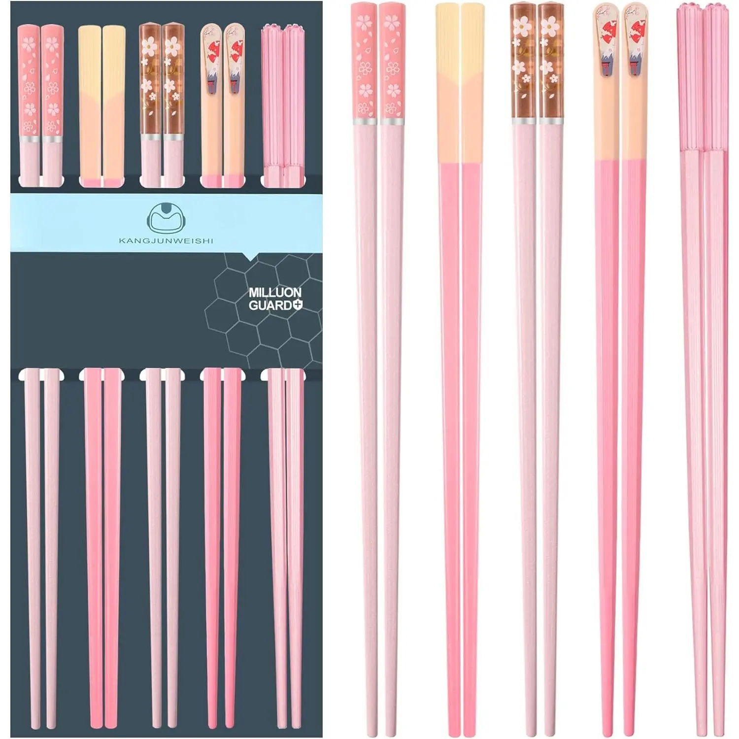 Chopsticks Reusable Dishwasher Safe, 9.57 inches Premium Non-slip Lightweight Fiberglass Chop Sticks,  Chinese Chopstick Gift Set for Party, Pink- 5 Pairs